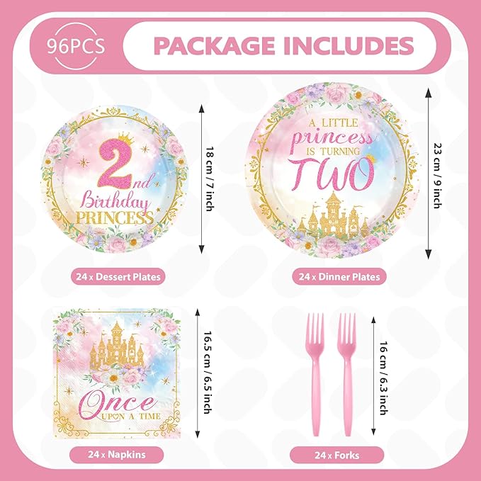 96Pcs Princess 2nd Birthday Party Decorations for Girls A Little Princess Is Turning Two Plates and Napkins Sets Pink Castle Once Upon a Time Decoration for Two Year Old Bday Party Supplies Serves 24