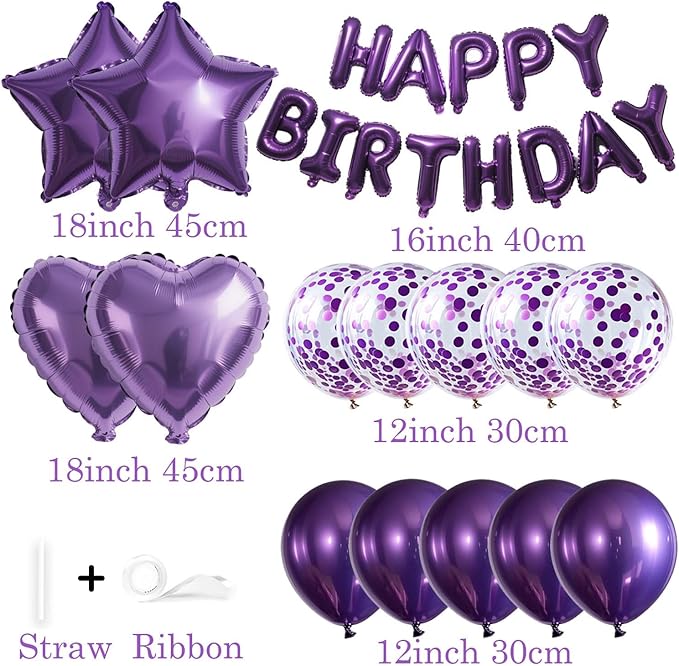 27 Pcs Purple Birthday Decorations, 3D Letters Dark Purple Happy Birthday Balloon Banner, Pentagram Heart Foil Balloons Confetti Balloons Kit For Boys Girls Party Supplies