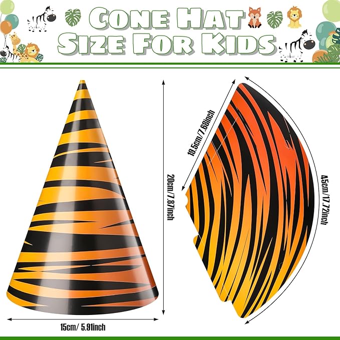 Spiareal 24 Pieces Safari Party Hats Jungle Animal Safari Theme Cone Paper Hats for Kids Zoo Birthday Party Supplies Favor