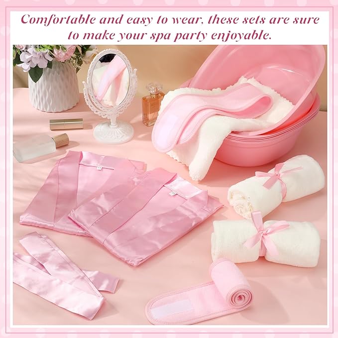 24 Pcs Kids Spa Party Supplies Includes 6 Spa Party Robes 6 Basins 6 Makeup Headband 6 Towels for Sleepover Bath (Pink)