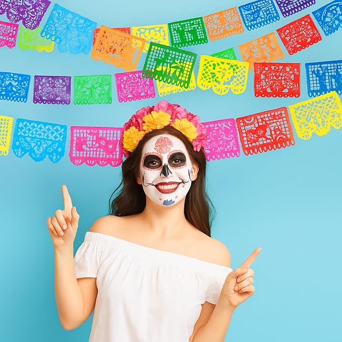 Boao 4 Packs 60 Feet Cinco De Mayo Party Decorations Mexican Banner Fiesta Plastic Papel Picado Banner Garland Dia De Los Muertos Day of The Dead Hanging Decor Mexican Fiesta Birthday Party Supplies