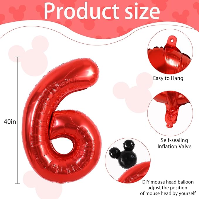 Vuzvuv 40 Inch Mouse Number Balloon No.6, Black Mouse Head Balloon and Red Giant Giant Number Six Balloon for Birthday, Mouse Theme Party Supplies, Baby Shower,Anniversary Decoration