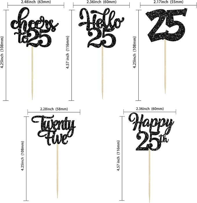 30pcs 25th Birthday Cupcake Toppers - 25th Anniversary Cake Decorations with Black Glitter