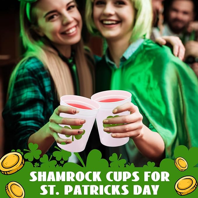 Patelai 32 Pcs St Patricks Day Party Plastic Cups Bulk 16 oz Reusable Lucky Shamrock Cups for St Patricks Day Party Adults Drink Snacks Irish Festival Favors Supplies(White)