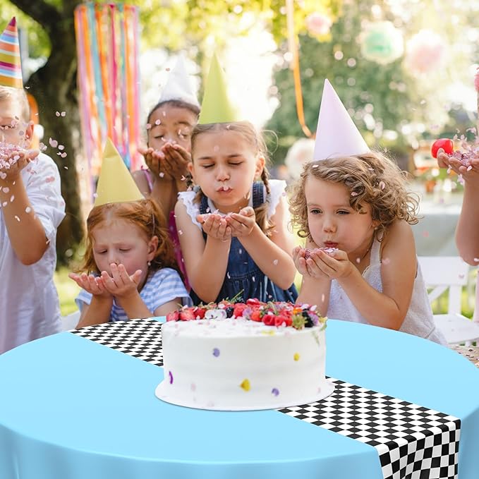 Oudain 6 Pcs Cars Birthday Party Supplies Racing Party Decorations Round Racing Tablecloth Checkered Flag Table Covers Road Plastic Table Cloth, 1950s Disco Dancing Party Tablecloth (Light Blue)