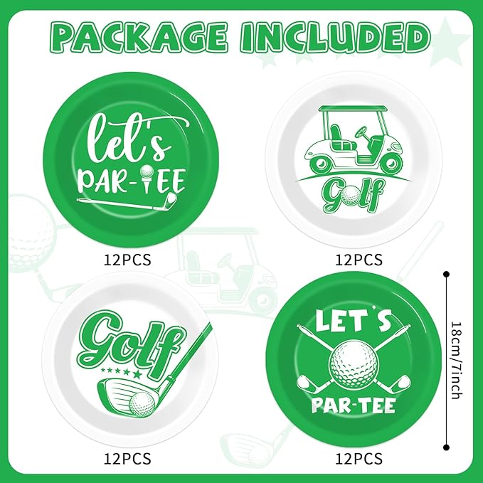 CHUNNIN 48Pcs Golf Party Paper Plates for Birthday Table Supplies 7" Golf Themed Sports Ball Disposable Dessert Plates for Par-Tee Kids Birthday Party Favors Decorations