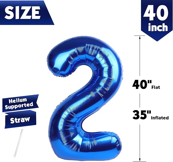 40 Inch Metallic Blue Number 2 Balloon, Giant 2 Number Balloons for 2nd Birthday Decorations, Party Supplies for Baby Boy Girl, Metallic Blue Party Decor