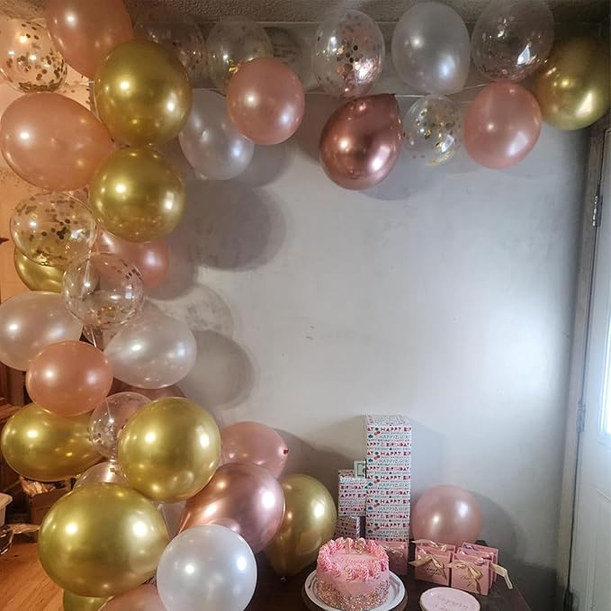 Rose Gold Confetti Balloons, 60 Packs 12 inch Metallic Rose Gold and Chrome Gold Party Balloon with Ribbon for Girls Women Birthday Wedding Anniversary Bridal Baby Shower Decoration