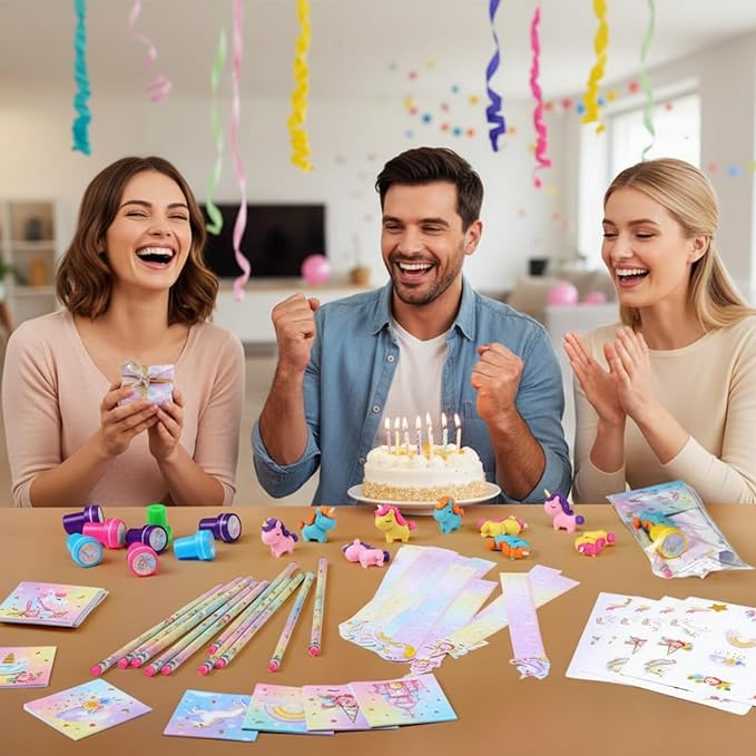PerKoop 168 Pcs Unicorn Valentine's Day Favors Unicorn Goodie Favor Bags with Mini Notebook Pencil Sticker Stamp Pastel Rainbow Birthday Decor Prizes Gifts Goody Favors Bag Piñata Fillers Supplies
