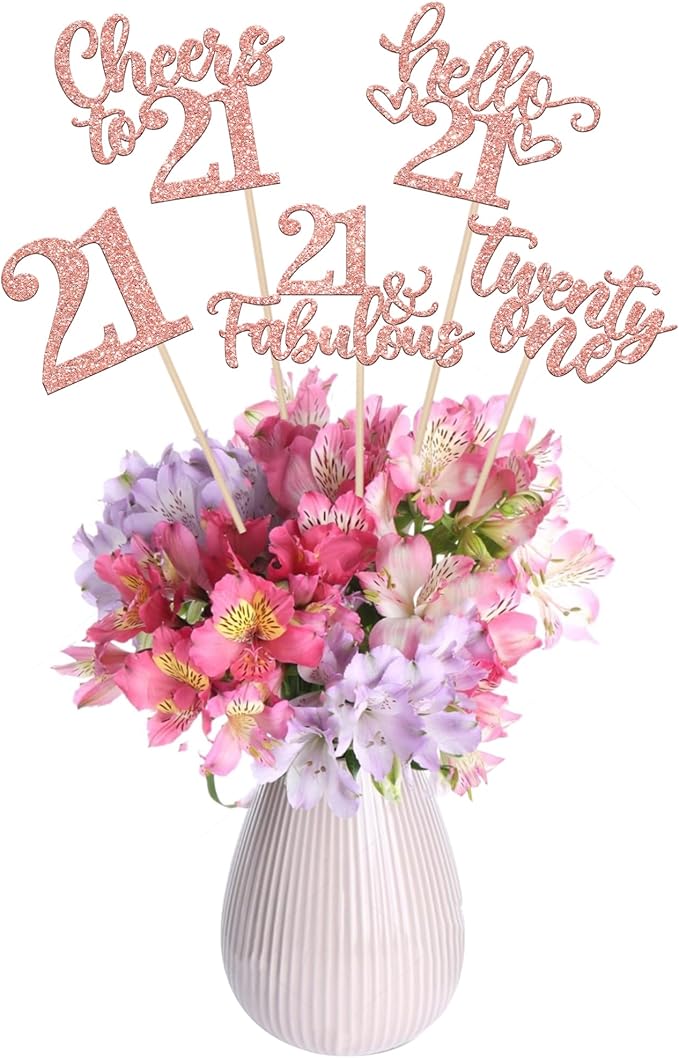 15PCS Happy 21st Birthday Centerpiece Sticks Twenty One Hello 21 Cheers to 21 Table Flower Centerpieces Sticks 21 Fabulous Floral Decorations for Happy 21st Birthday Party Centerpieces Rose Gold