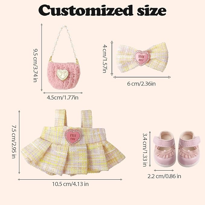 Clothes Compatible with LABUBU – Blue & White Tweed Dress with Bow, Bracelet & Shoes | 4PCS Couture-Inspired Outfit for 8-Inch Dolls (Blush Tweed Belle)