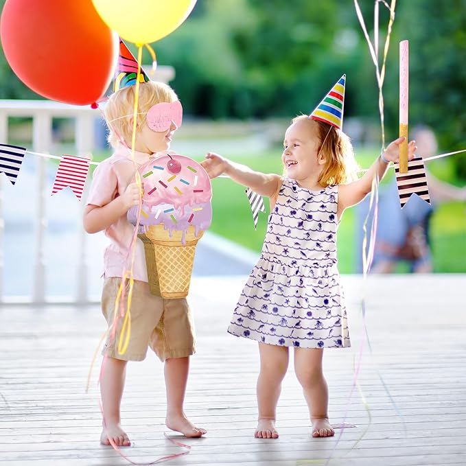 Capoda Pink Ice Cream Piñata Cute Dessert Cone Shaped Piñata with Stick Blindfold for Ice Cream Candy Birthday Party Summer Baby Shower Wedding Party Supplies Decor, 15.8 x 9.5 Inch