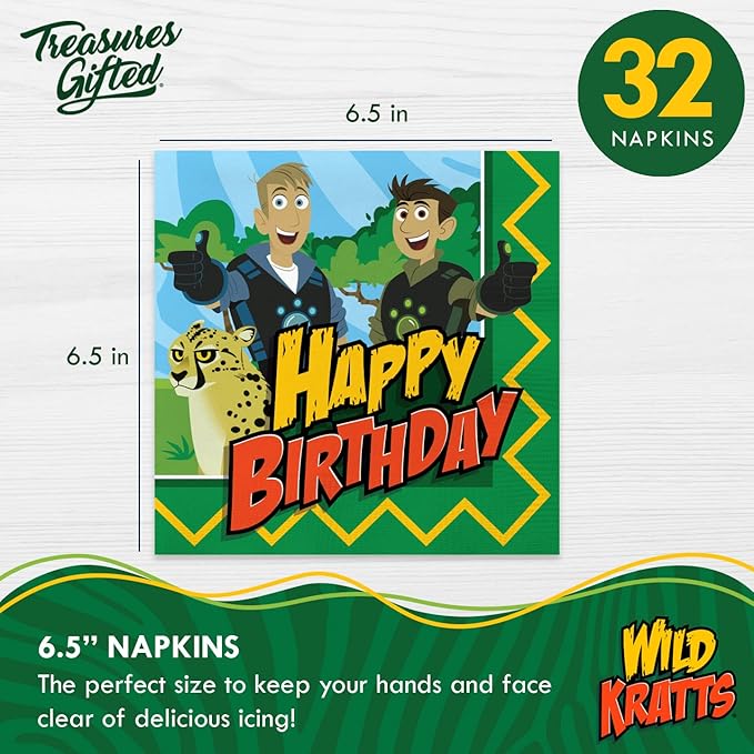 Treasures Gifted Officially Licensed Wild Kratts Birthday Party Supplies - Serves 24 Guests - Dinnerware Deluxe Set Wild Kratts Party Supplies - Wild Kratts Cups, Plates, Tablecloth & Napkins
