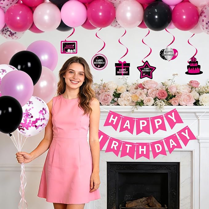 Pink and Black Birthday Decorations for Women Girls, 48Pcs Pink Party Decorations with Happy Birthday Banner Backdrop Tablecloth, Hot Pink Birthday Party Supplies with Balloons Pendants