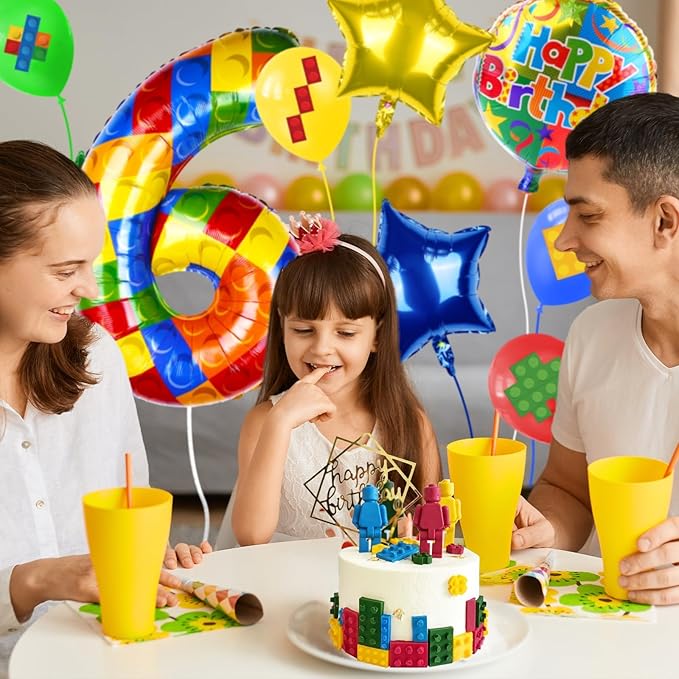 40 Inch Building Block Number Balloon, Colorful Number Block Foil Balloons Large Big Numbers Helium Balloon for Girls Boys 6th Birthday Brick Theme Party Decorations (Number 6)