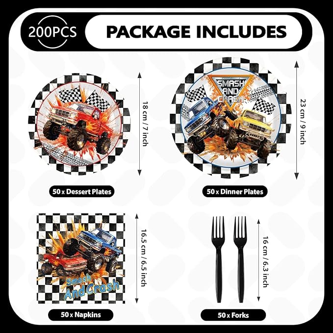 200Pcs Truck Party Decorations Red Blue Yellow Truck Theme Plates and Napkins Car Racing Theme Tableware Set for Boys Kids Birthday Baby Shower Racing Car Party Supplies Serves 50