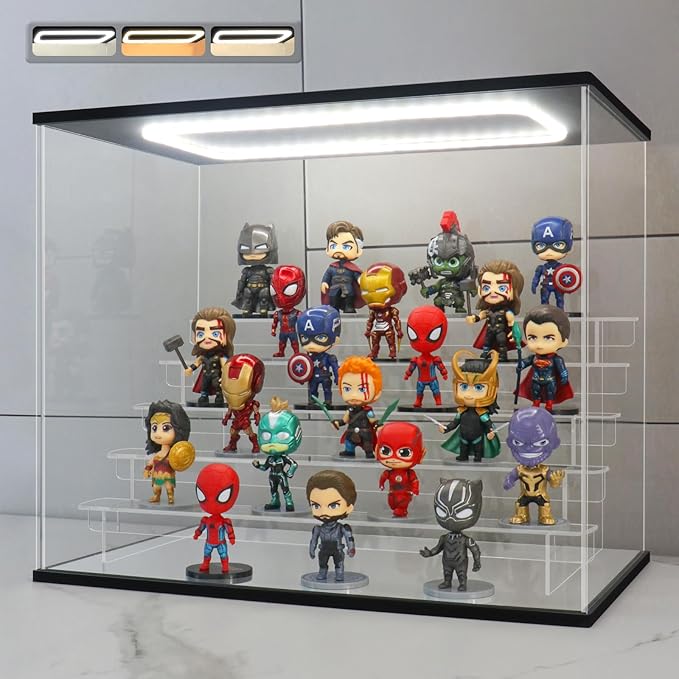 Clear Acrylic Display Case with Light 6 Tier Display Storage Box Assembly Dustproof Showcase for Collectibles Action Figures(Black, 19.1*12.0*15.7inch)