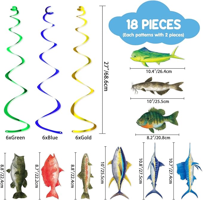 Watercolor Gone Fishing Hanging Swirls Party Supplies - 18PCS Tropical Fishing Banner Ceiling Streamers Decorations Under the Sea Hanging Streamers Decor for Baby Shower Boys Birthday Party