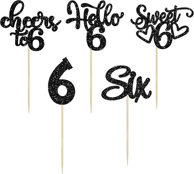 30Pcs 6th Birthday Cupcake Toppers Glitter Six Hello 6 Cupcake Picks Cheers to 6 Years Old Cake Decorations for 6th Birthday Party Supplies Black