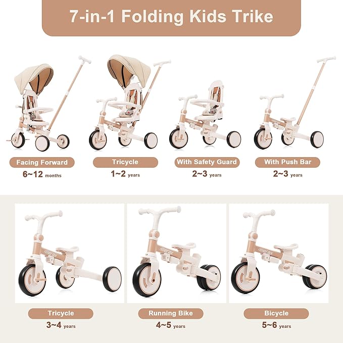 Merax 7-in-1 Toddler Trike Collapsible Frame Kid Rider Tricycle with Removable Pedal Ages 1Y-6Y