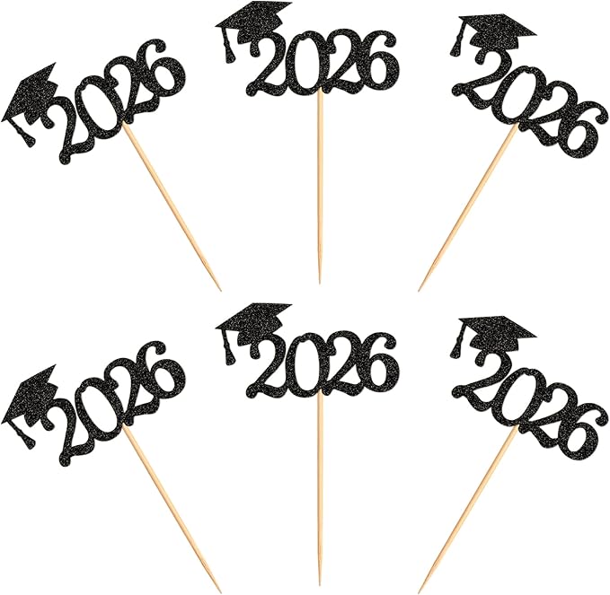 24Pcs graduation cupcake toppers 2026, Food/Appetizer Picks For Graduation Party Mini Cake Decorations, 2026 Cupcake Toppers(Black)