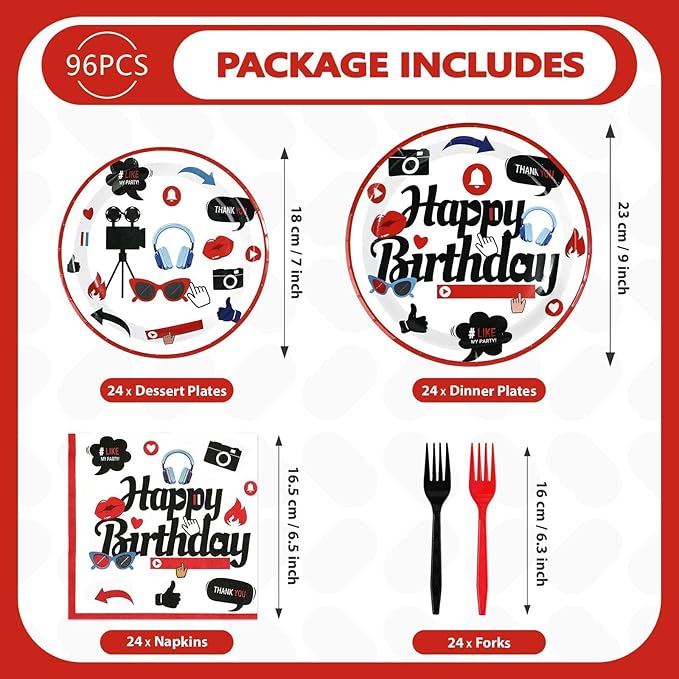 96Pcs Social Media Youtube Birthday Party Decorations Social Media Inspired Plates and Napkins Camera Themed Tableware Set for Adults Youtube Birthday Subscribe Play Video Party Supplies Serves 24