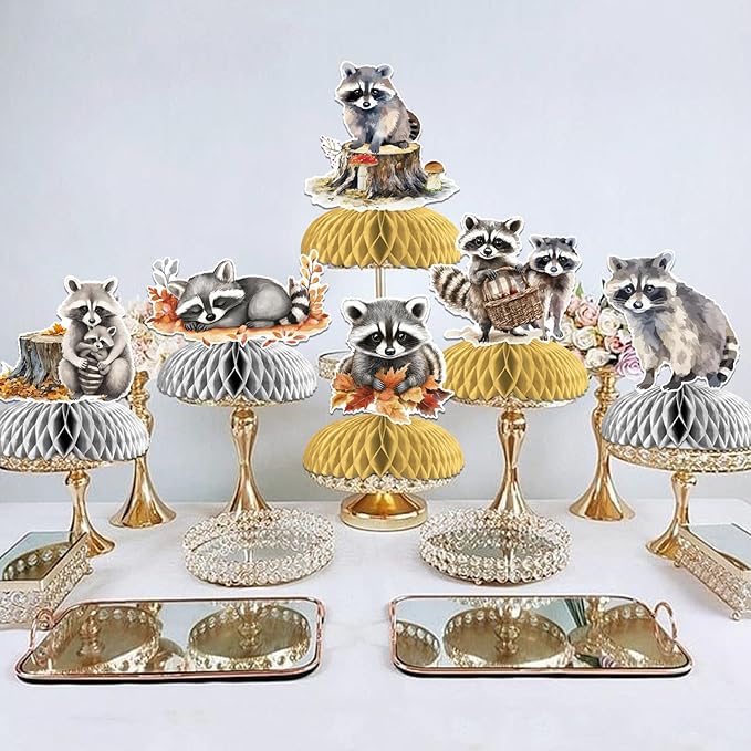 Sursurprise 8pcs Raccoon Themed Honeycomb Centerpieces, Raccoon Happy Birthday Table Topper Decorations, Raccoon Baby Shower Birthday Party Supplies