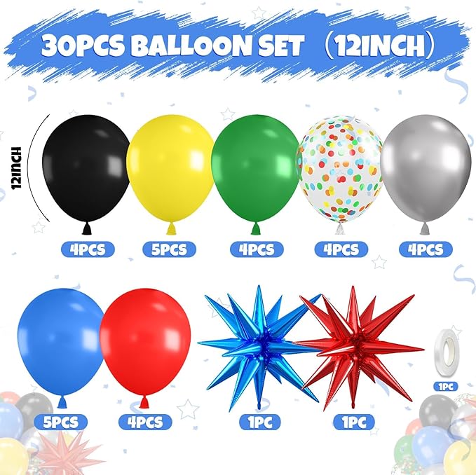 Black and Red Yellow Blue Balloons, 12 Inch Black Red Yellow Blue Green Metallic Silver Confetti Balloons with Star Foil Balloon for Boys Graduation Birthday Baby Shower Party Decorations