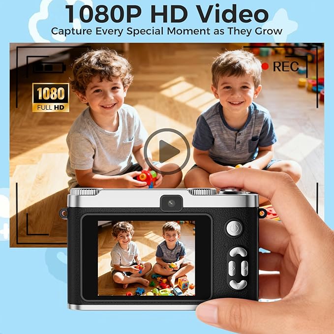 Upgrade Kids Selfie Camera, HD Digital Video Cameras for Toddler, Portable Toy for 3 4 5 6 7 8 Year Old Girl with 32GB SD Card-Black