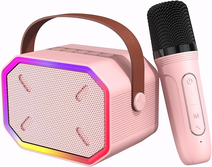 Karaoke Machine for Kids, Portable Bluetooth Speakers with Wireless Microphone Karaoke for Kids and Adults with LED Lights, Gifts for Girls and Boys Birthday Home Party - Pink