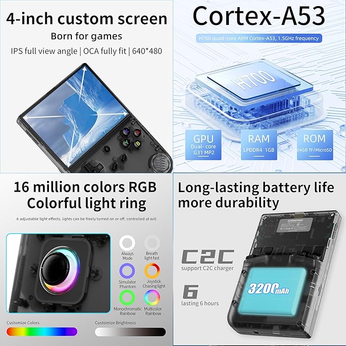 RG40XX V Handheld Game Consoles RG40XXV Retro Game Console Built-in 64G TF Card RG 40XXV Portable Gaming Console Linux 64-bit System Supports WiFi Bluetooth HD and TV Output Black