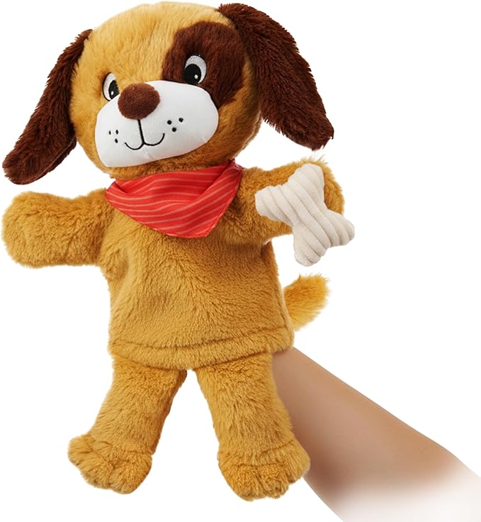June Garden Plush Dog Hand Puppet – Soft Storytelling Toy with Red Bandana & Bone – Educational Pretend Play for Toddlers and Kids
