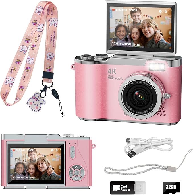 Kids Camera,4K Digital Camera for Photography,48MP 1080P HD Video Selfie Camera,with 180° Flip Screen Flash,with 32GB SD Card,for Starter Kid Children Teen Student Girl Boy(Pink)