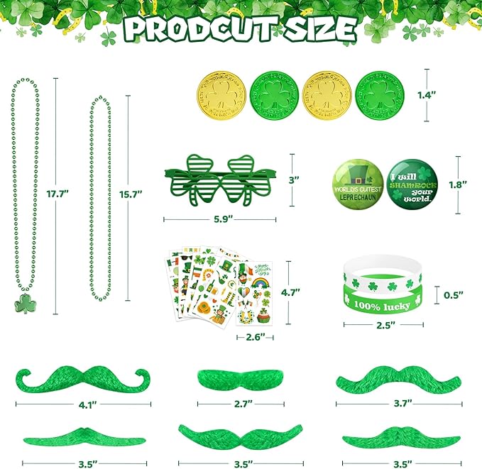 188Pcs St. Patrick's Day Accessories Party Favor Set, Necklaces, Shamrock Glasses, Mustaches, Bracelets, Badges, Tattoo Stickers, Coins for Irish Party Supplies