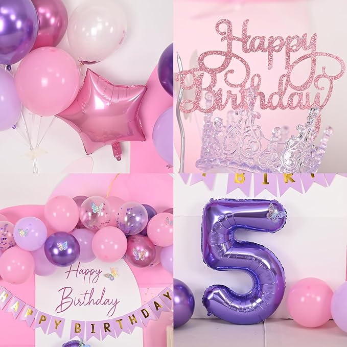 5th Pink Purple Birthday Decorations,Pink Purple 5th Birthday Balloons for Girls Lavender Party Decor Banner Number 5 Balloons Cake Topper Butterfly Party Decorations for 5 Year Old Girls