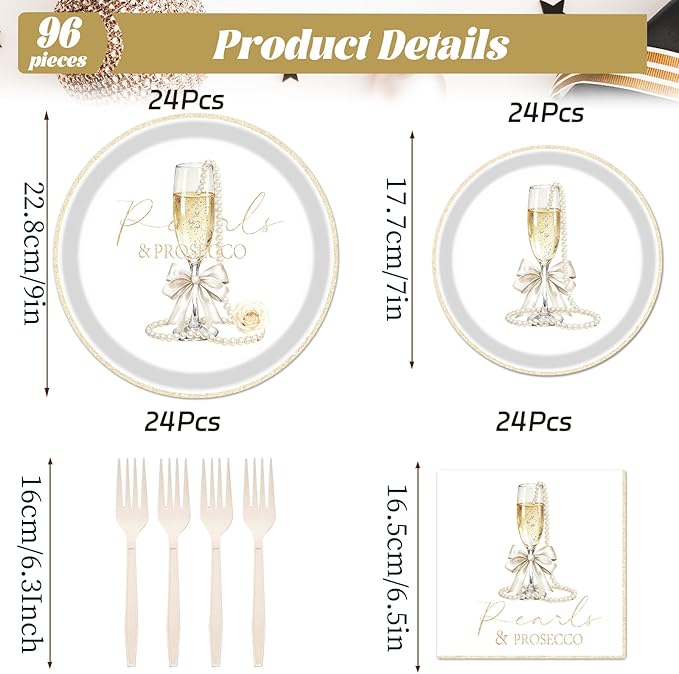 Rakuto Pearls and Prosecco Bridal Shower Decorations, 96PCS Pearls Bow Champagne Disposable Paper Plates Napkins Party Decorations, Bows Prosecco Wedding Bachelorette Bride to Be Decor, Serve 24