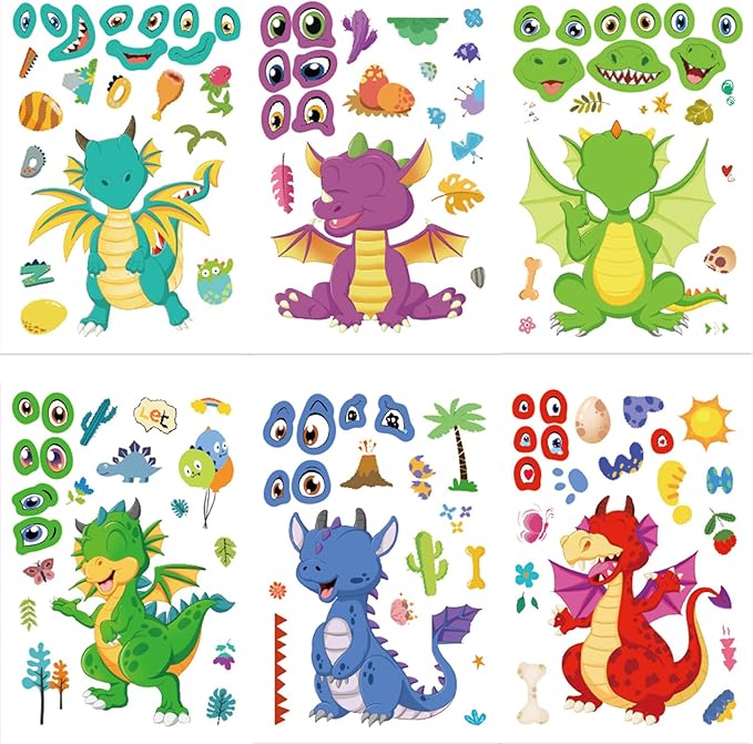 24 Sheet Dragon Stickers Make Your Own Dragon Sticker for Kids 3+, Cartoon Make-a-face Sticker Girls Boys Dragons Birthday Party Decorations,DIY Dragons Craft Birthday Party Favor Supplies