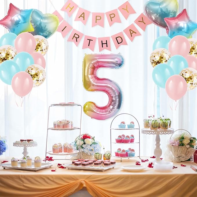 5th Birthday Decorations for Girls - Gradient Color Age 5 Balloons With Happy Banner for Baby Showers, Fifth Party Supplies for Girls Boys (5th-Birthday)