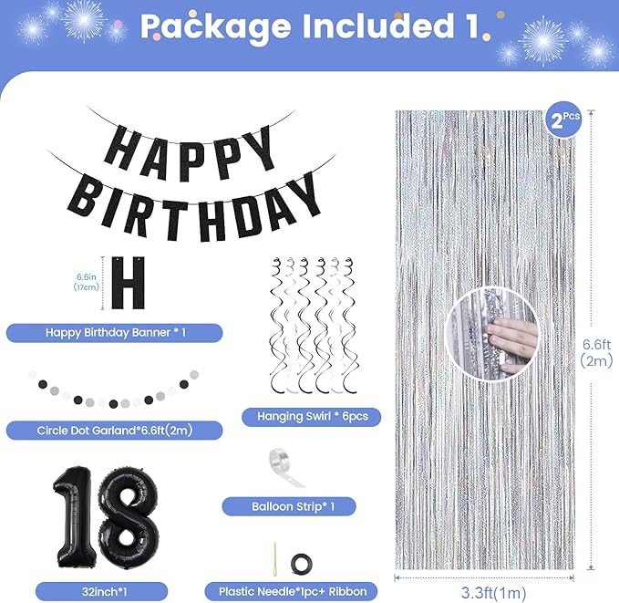 18th Birthday Decorations for Boys, Silvery Black Happy 18th Birthday Party Decorations for Girls, Happy Birthay Banner Balloons Fringe Curtains ,18 year old Bday Pack