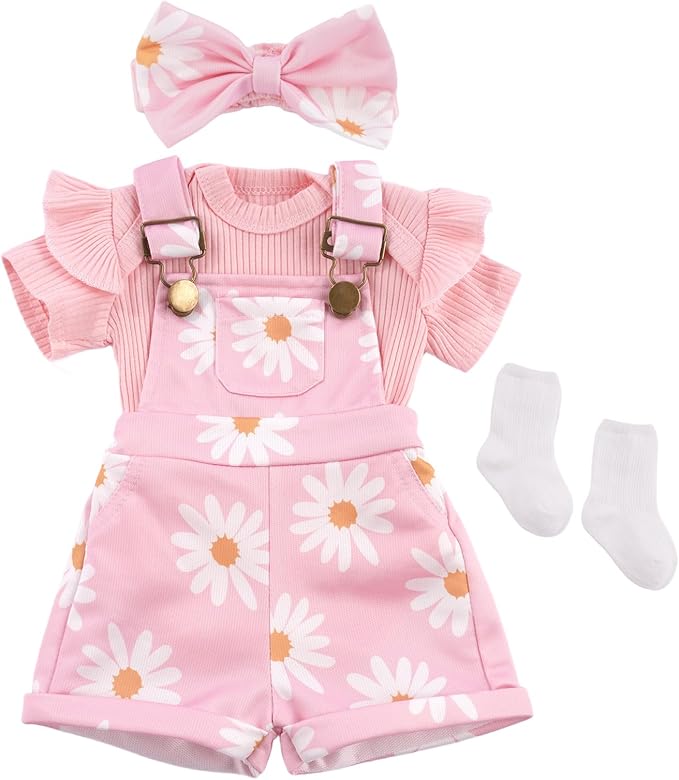 BABESIDE 4 Pcs Reborn Baby Doll Clothes for 17-22 Inch Babydolls, Cute Pink Flower Dolls Overalls Lifelike Reborn Baby Doll Accessories with Headband and Socks for Realistic Dolls Girl