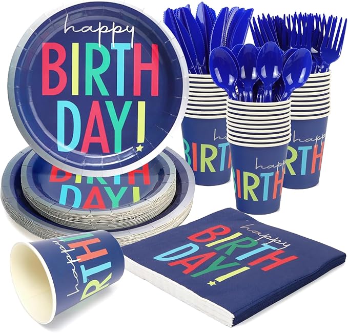 168Pcs Birthday Party Plates - Blue Kids Birthday Paper Plates Disposable and Napkins, Cups, Knives, Forks, Spoons Set for 24 Guests Baby Shower Girls Boys Party Table Supplies Decorations
