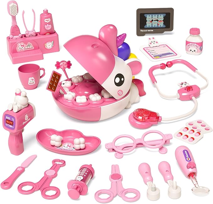 Dentist Play Set Toys for Girls, Doctor Kit for Toddlers 3-5, Unicorns Pretend Play Girl Toys 3 4 5 6 7 8 Years Old, Kids Doctor Playset with Light & Sound, Birthday Gifts for 3 4 5 6 7 8 Year Old