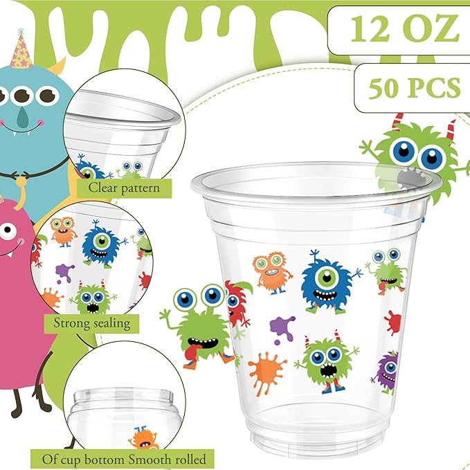 Uiifan 50 Pcs Monster Party Supplies 12 oz Cartoon Disposable Plastic Cups Purple Green Monster Theme Party Cups for Hot Cold Drinking Juice Ice Coffee Birthday Decoration