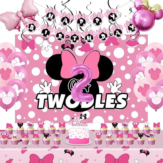 Pink Mouse 2nd Birthday Party Supplies Oh Twodles Girl Second Party Decorations Cartoon Mouse Theme Birthday Decorations Set