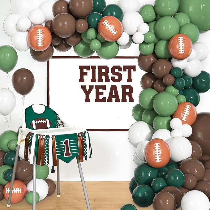170Pcs Football Balloon Garland Arch Kit, Sage Green Brown Dark Green and White with Rugby Printed Balloons for Football First Year Baby Shower Birthday Sports Themed Party Decorations Supplies