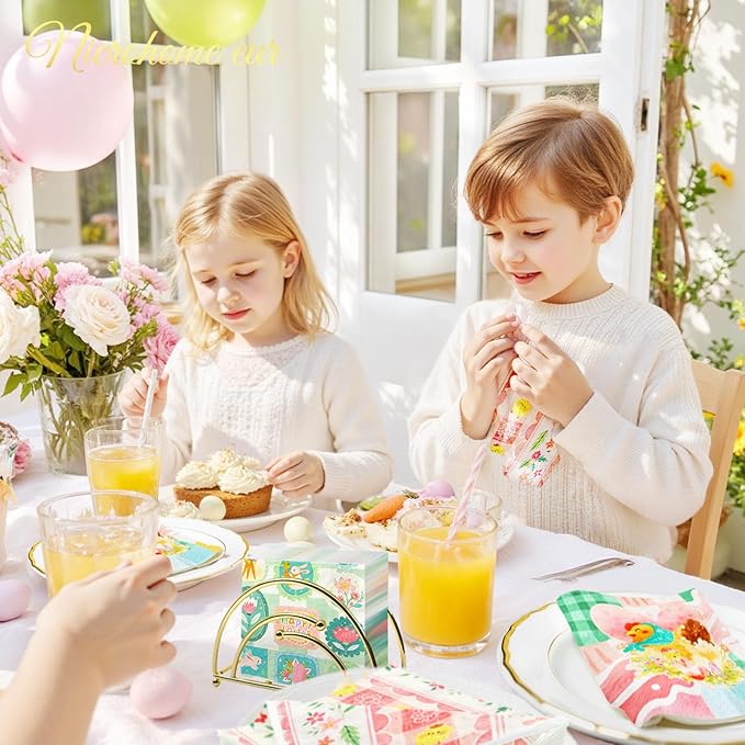 Easter Napkins 24PCS, Pink Green Bunny Floral Paper Napkins, 3-Ply Disposable Happy Easter Napkins for Spring Holiday Party Baby Shower Wedding Birthday Table Napkins Decorations