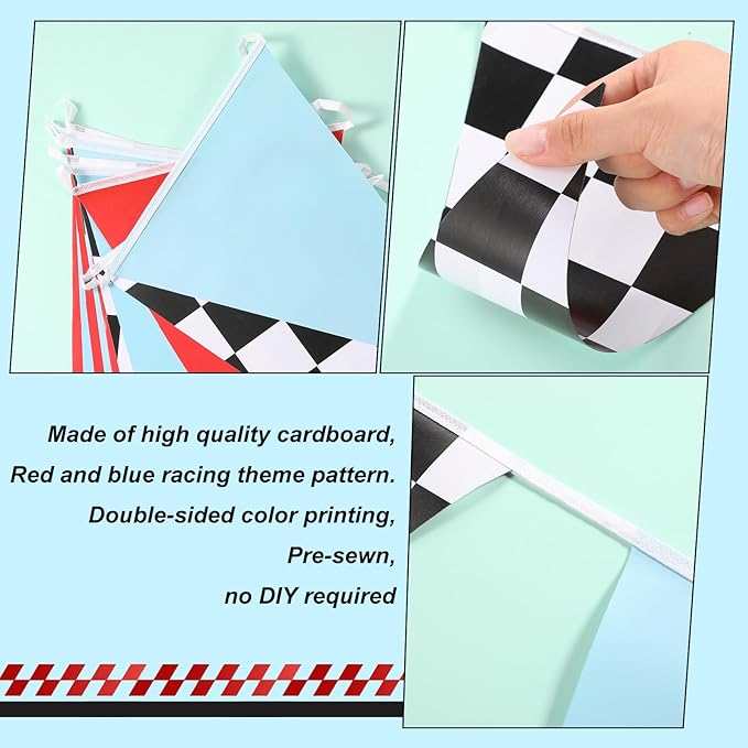 Tiamon 5 Pcs Racing Car Flag Banner Party Decorations Red Blue Black White Checkered Triangle 49.2 Ft Flag Race Car Pennant Banner Garland Streamer for Birthday Baby Shower 2nd Two Fast Party Supply