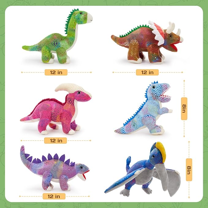 MaoGoLan 6Pcs Stuffed Animals Bulk Dinosaur Plushies with Sequin, 12'' Stuffed Dinosaur T-Rex Blue Velociraptor Toys Collectible Dino Squad for Kids Gifts Christmas Halloween Decorations