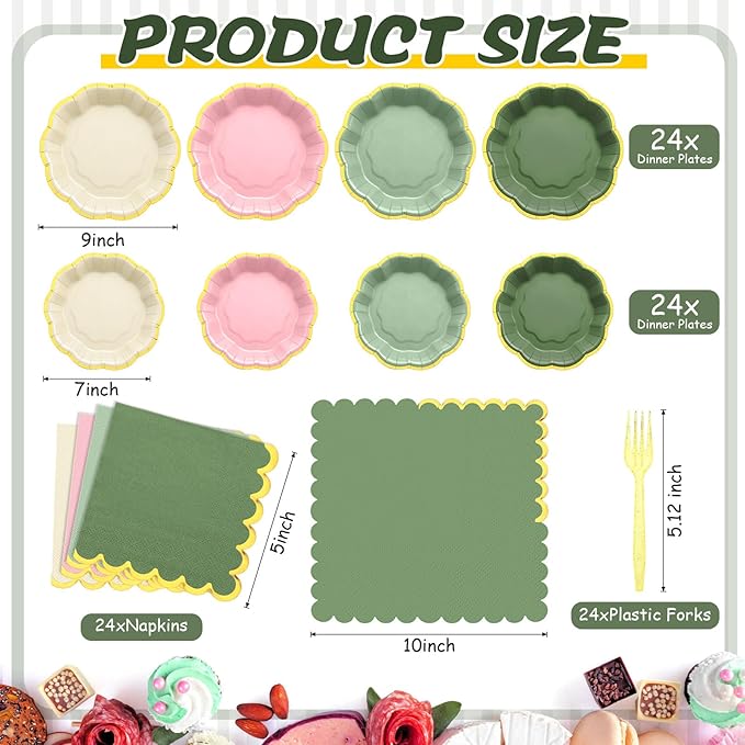 96 Pcs Pink Sage Green Gold Plates Party Supplies Severs, Guests Disposable Party Decorations, 7'' and 9'' Scalloped Paper Plates, Cocktail Napkins Plastic Forks for Birthday Wedding