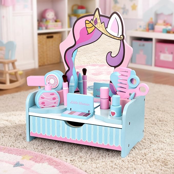 Atoylink Wooden Makeup Vanity Set for Girls, Unicorn Pretend Play Kids Table Toys with Mirror, Drawer, Hair Salon Set & Makeup Accessories, Gift About Princess Dress Up for Toddlers Aged 3, 4, 5-8